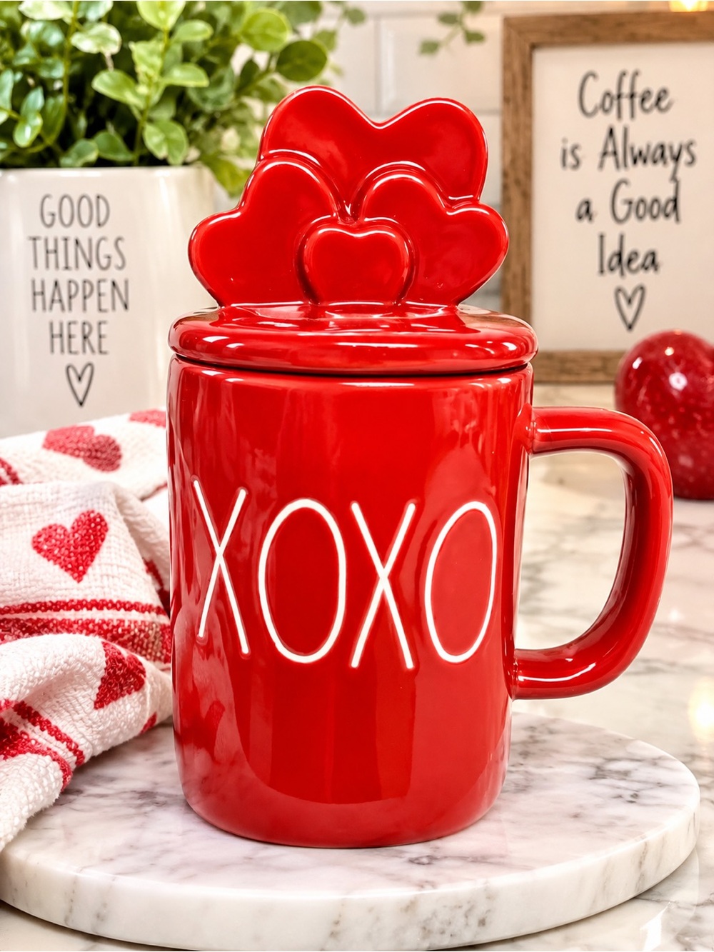 Rae Dunn Red XOXO Ceramic Mug with Heart Lid 20 Oz - New